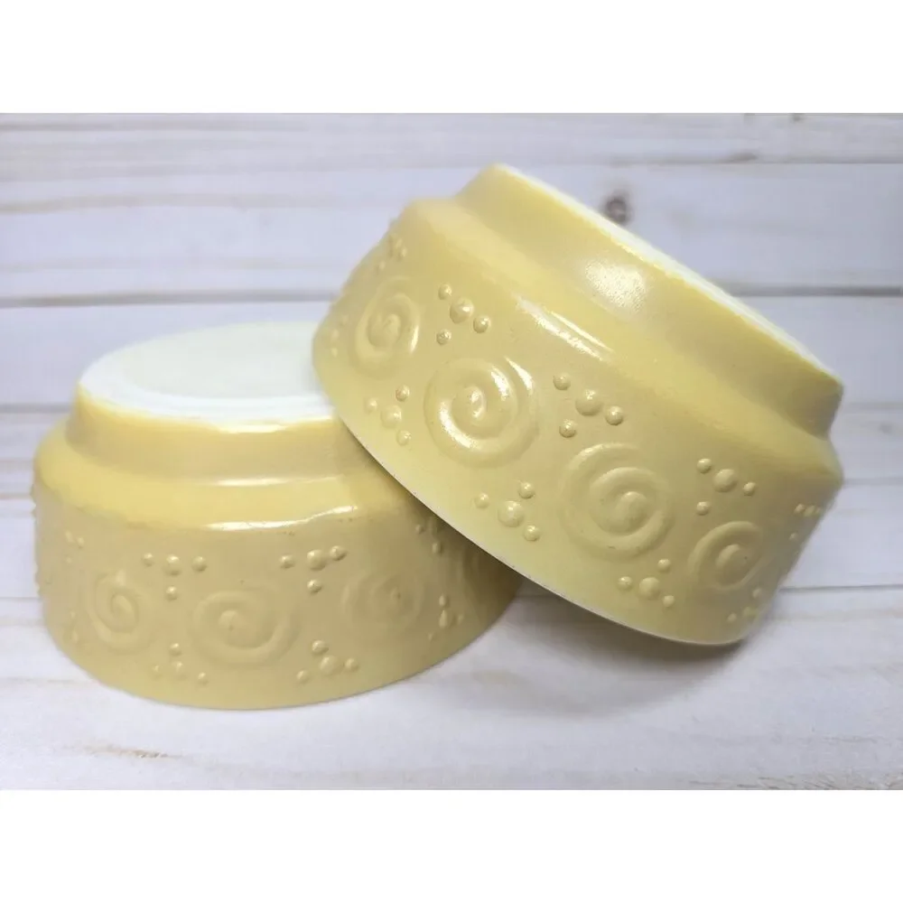 Vtg Milk Glass Berry Bowls Set 2 Textured Scroll Dot Mustard Gold 5